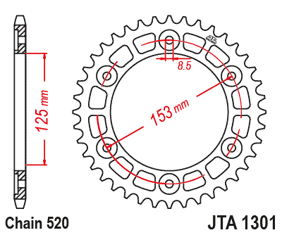 Rear ALU sprocket JT JTA 1301-40RED 40)T, nt((520 Crven